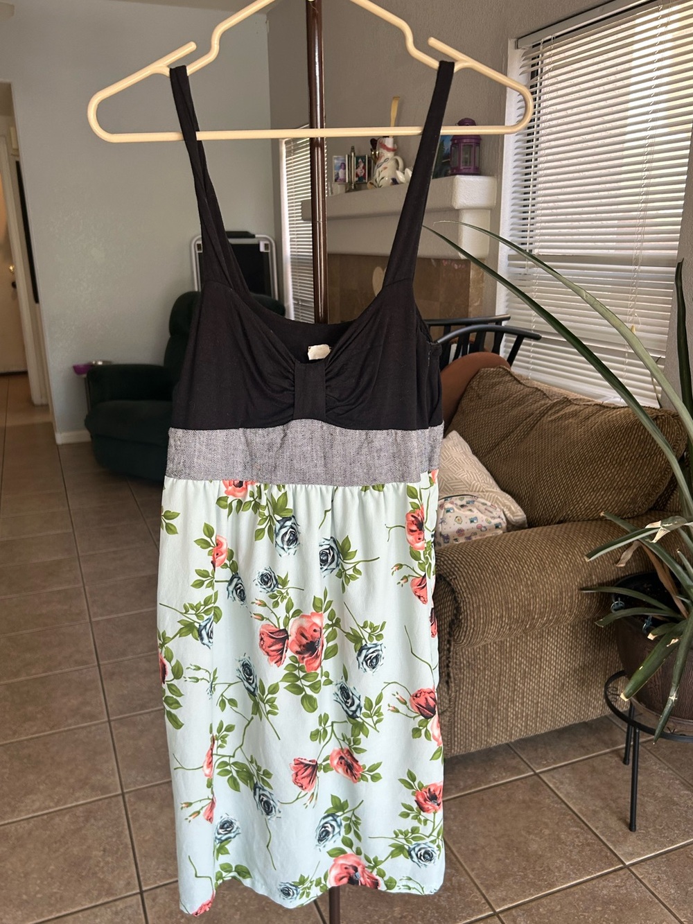 Black & Mint Floral Dress with Gray Waistband